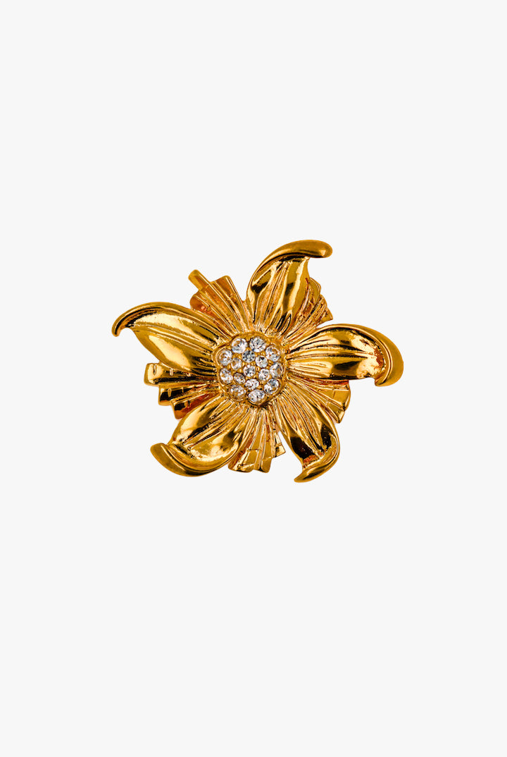 Petite Broche en forme de fleur doré vintage et centre doré en strass