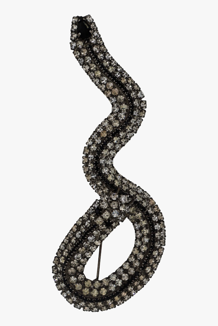 Grosse broche en forme de serpent en strass argenté et noir spécial nouvel an chinois - 2025