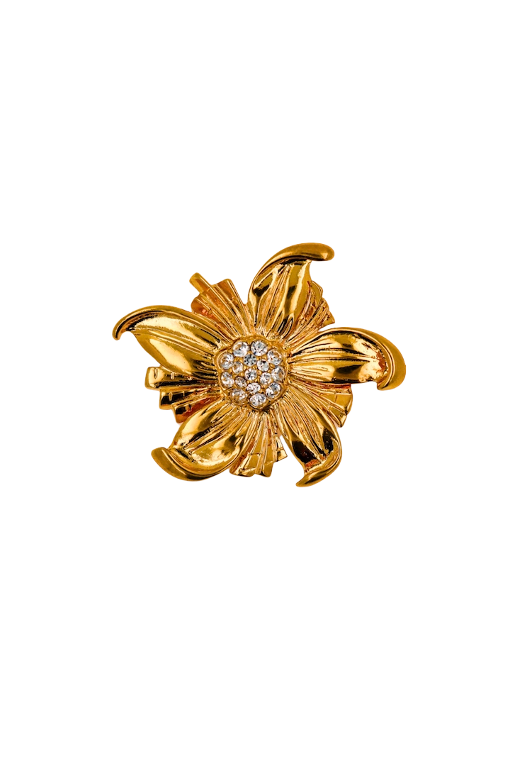Broche vintage fleur dorée à strass cristal, pièce unique sélectionnée par Françoise Montague Paris