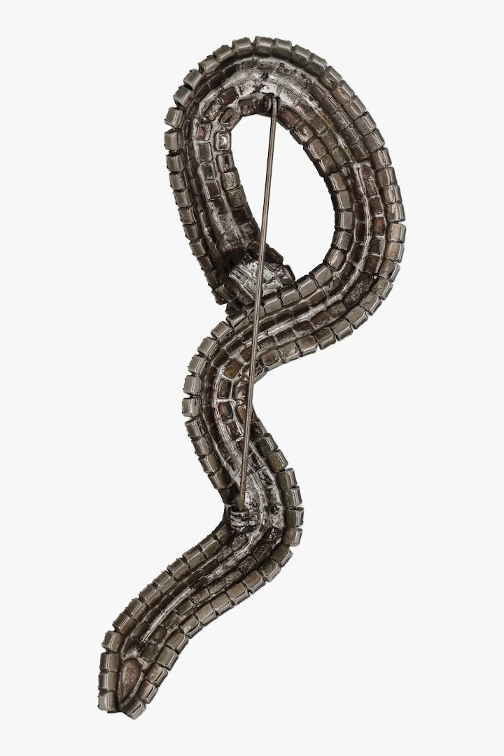 Grosse broche vintage en forme de serpent en strass argentée et noir - accessoire fantaisie