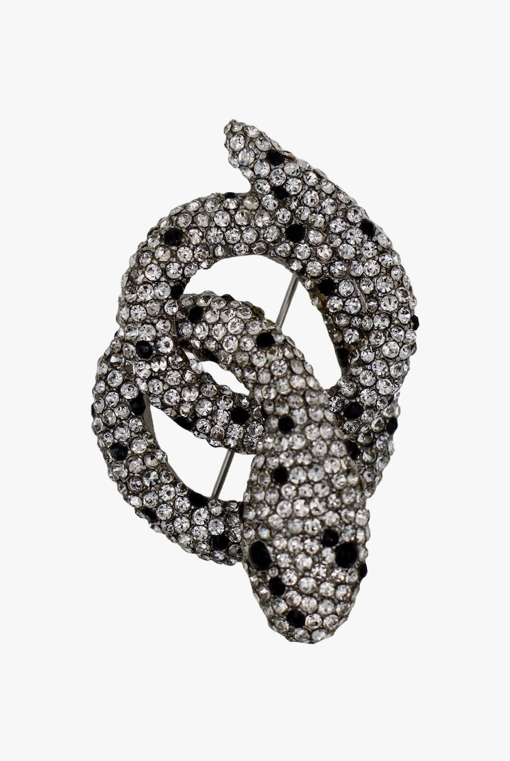 Broche en forme de serpent en strass noir et argenté vintage de luxe