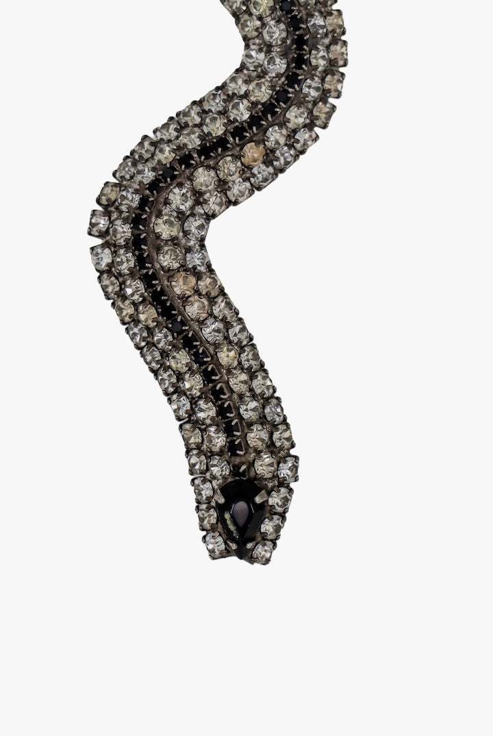 Broche en forme de serpent en strass blanc et noir - vintage