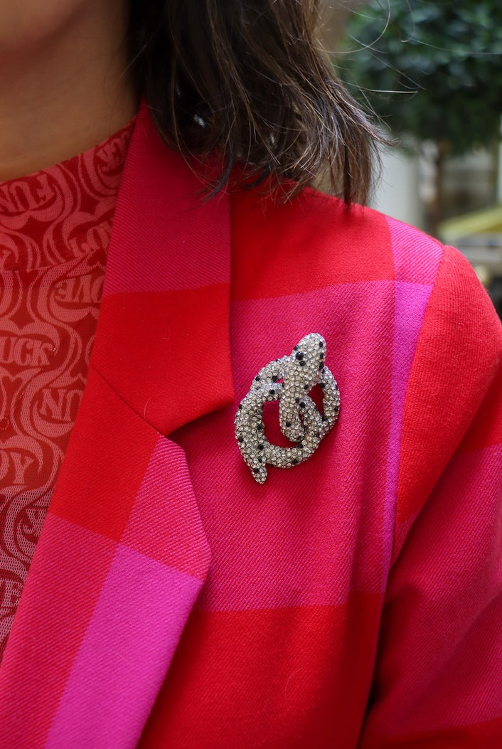 Broche serpent enroulé en strass argent et noir vintage