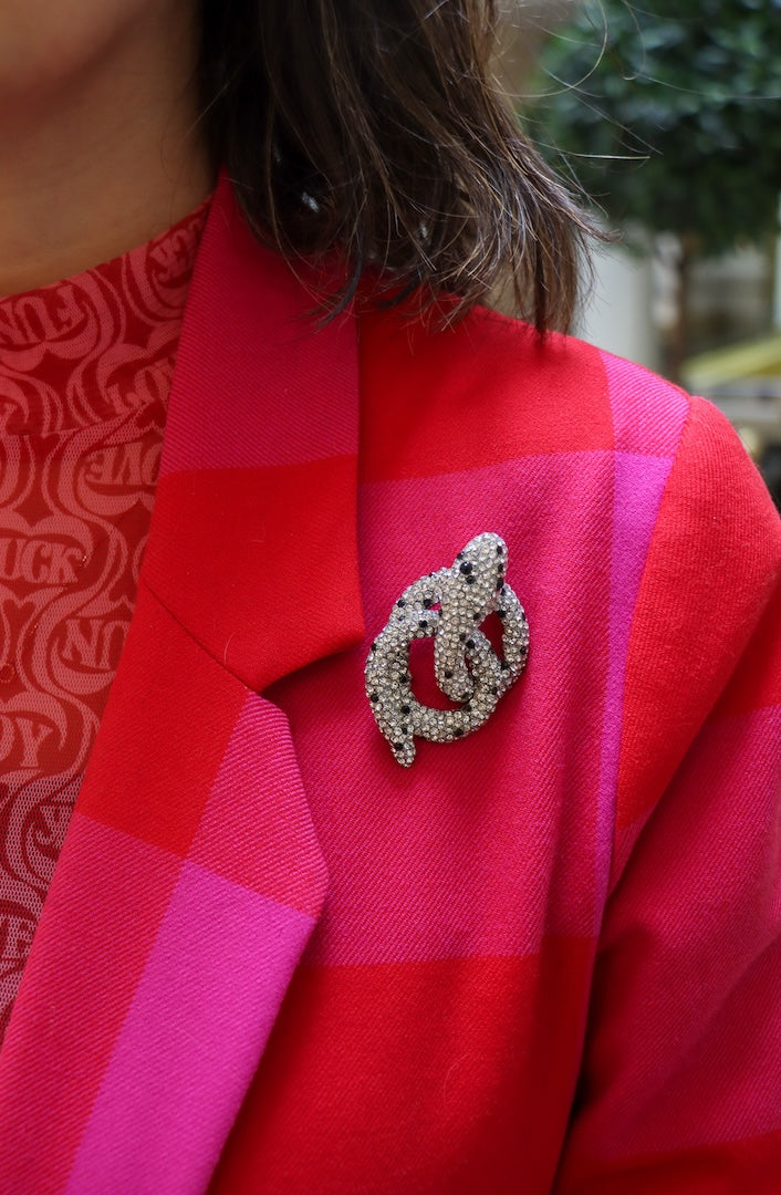 Broche serpent enroulé en strass argent et noir vintage