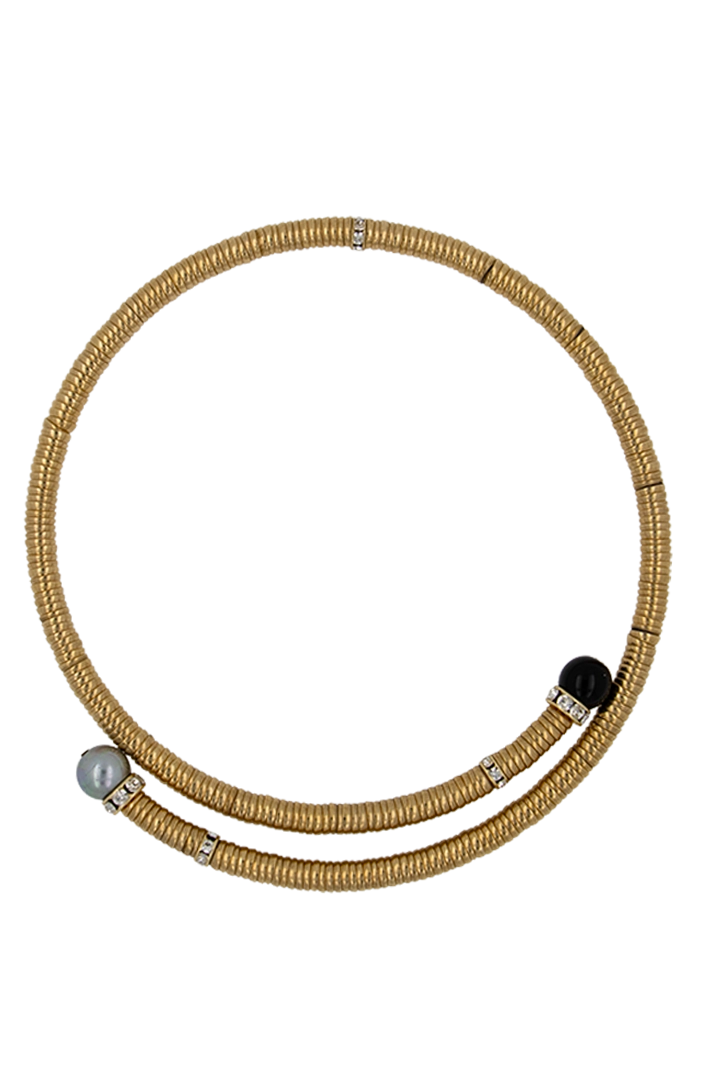 Collier ras de cou dorée et perles grises nacrées et noir et strass dorée