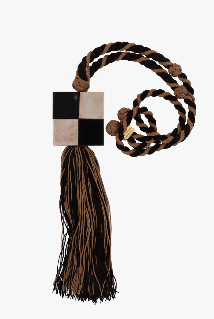 Long Collier / Sautoir Yves saint laurent en corde et en bois camel et noir Vintage - piece unique