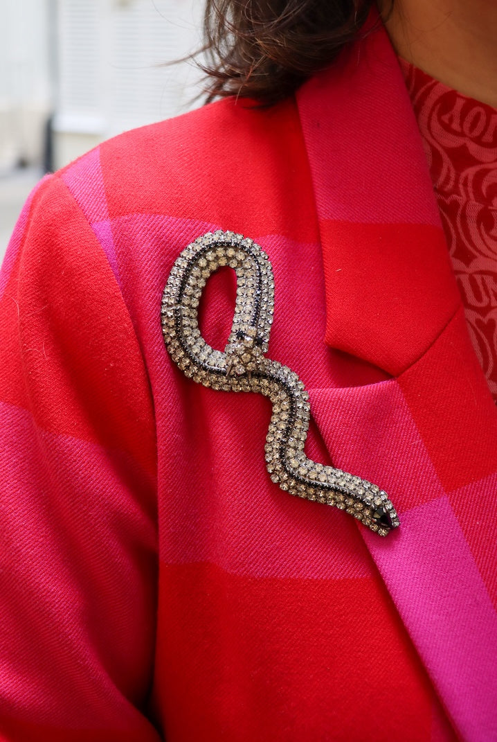 Grande broche serpent vintage en strass noir et argent