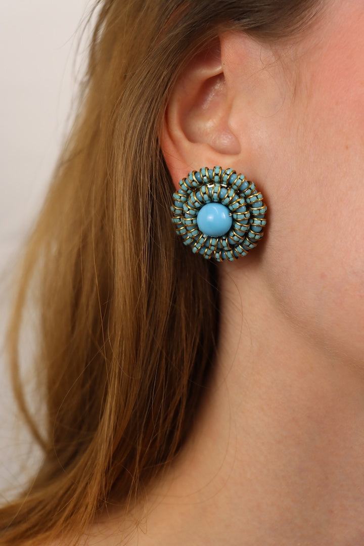 Boucles d'oreilles ronde cabochon en perles bleu turquoise - bijou fait à la main en France