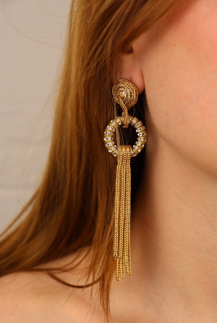 Boucles d'oreilles pendantes strass dorée et chaîne dorées - fermoir clip