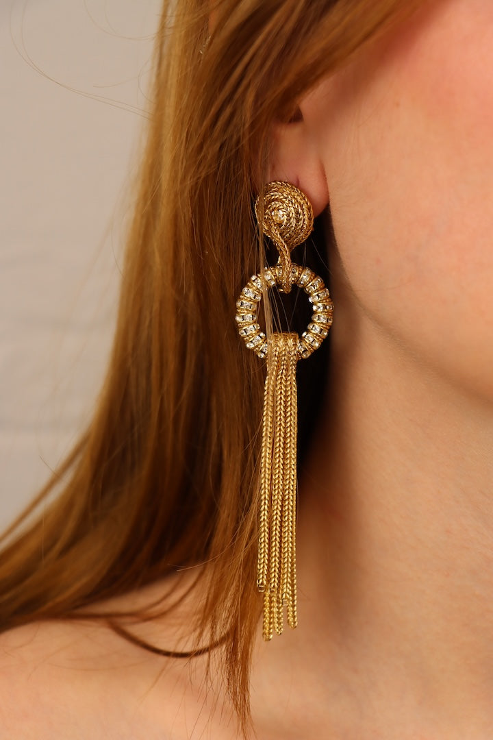Boucles d'oreilles pendantes strass dorée et chaîne dorées - fermoir clip