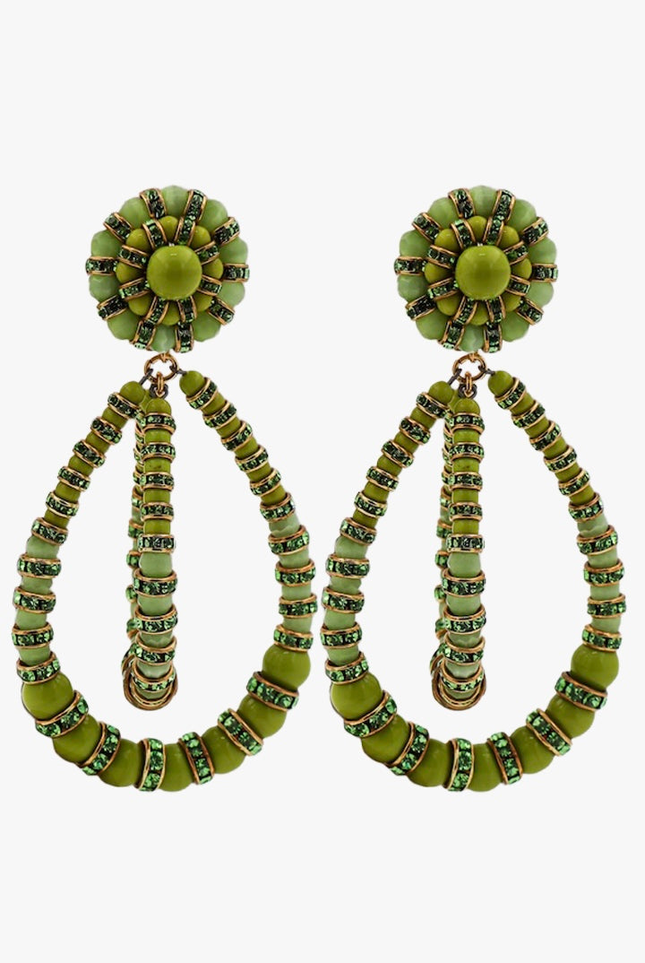 Boucles d'oreilles XXL vert anis perles et rondelles de strass détail doré fermoir clip
