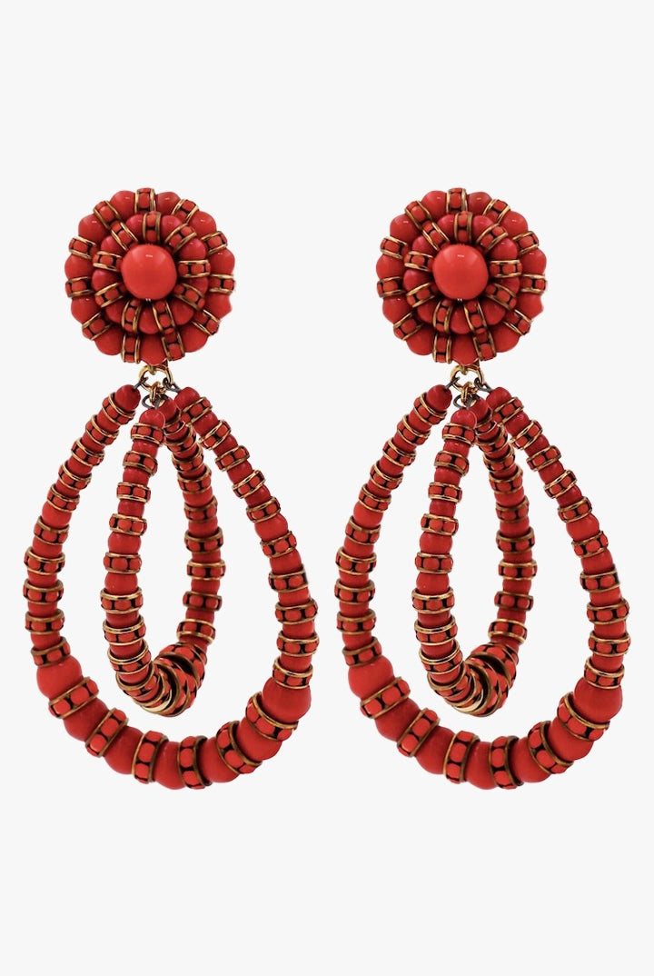 Boucles d'oreilles pendantes XXL fermoir clip rouge corail perles et rondelles de strass femme