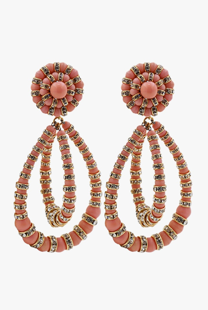 XL boucles d'oreilles femme perles roses peau d'angle et rondelles de strass doré et argenté fermoir clip pendantes