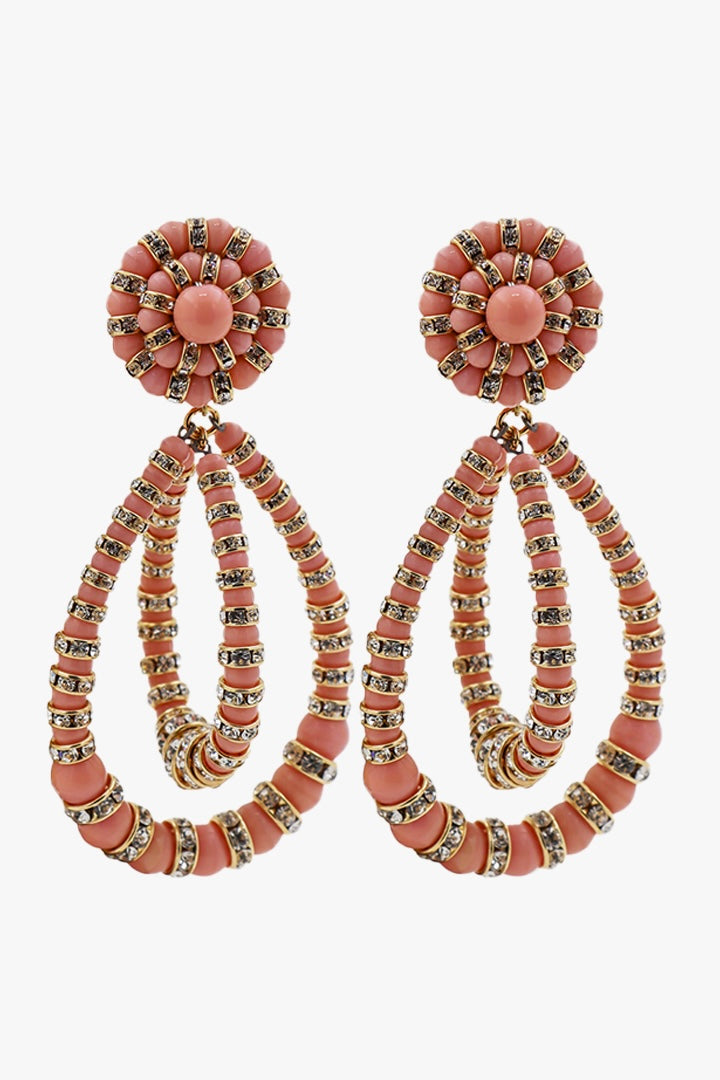 XL boucles d'oreilles femme perles roses peau d'angle et rondelles de strass doré et argenté fermoir clip pendantes