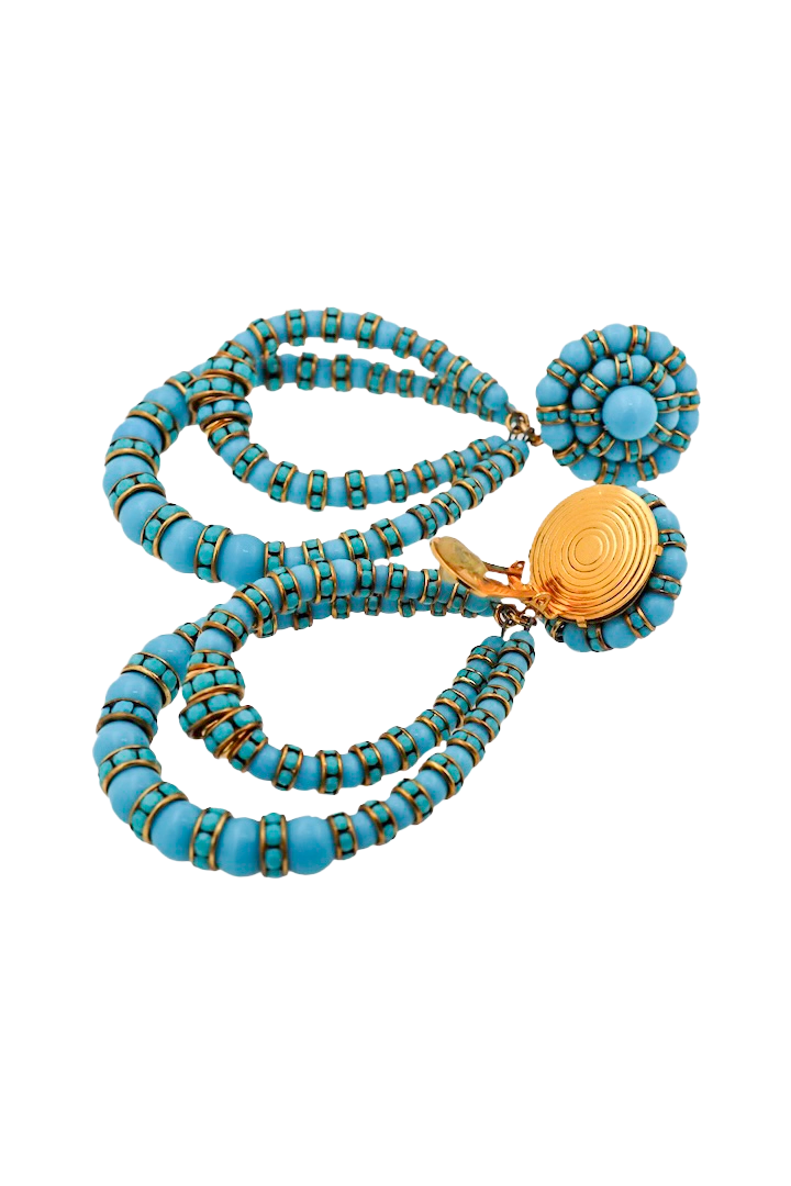 Boucles d'oreilles lolita Large XL perles et strass bleu turquoise et détail dorée