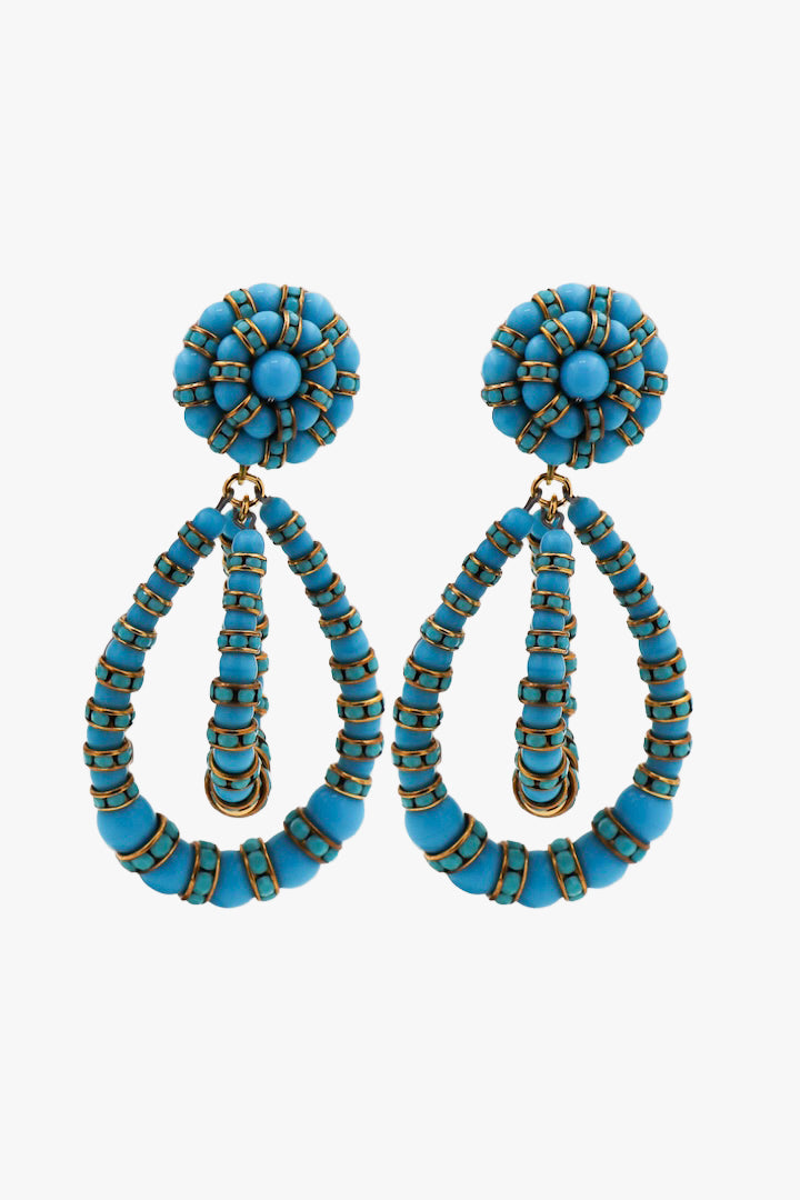 Boucles d'oreilles moyenne pendantes fermoir doré perles bleu turquoises et rondelle de strass bleu femme