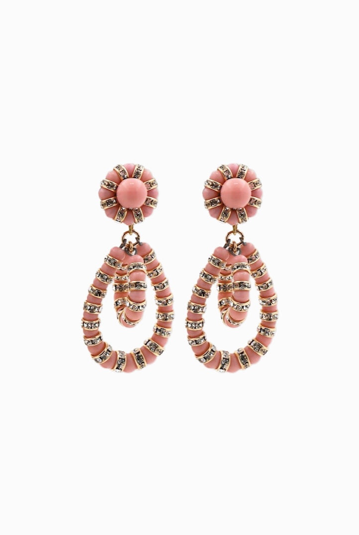 Boucles d'oreilles fantaisie perles baby pink et rondelle de strass doré détail doré fermoir clip