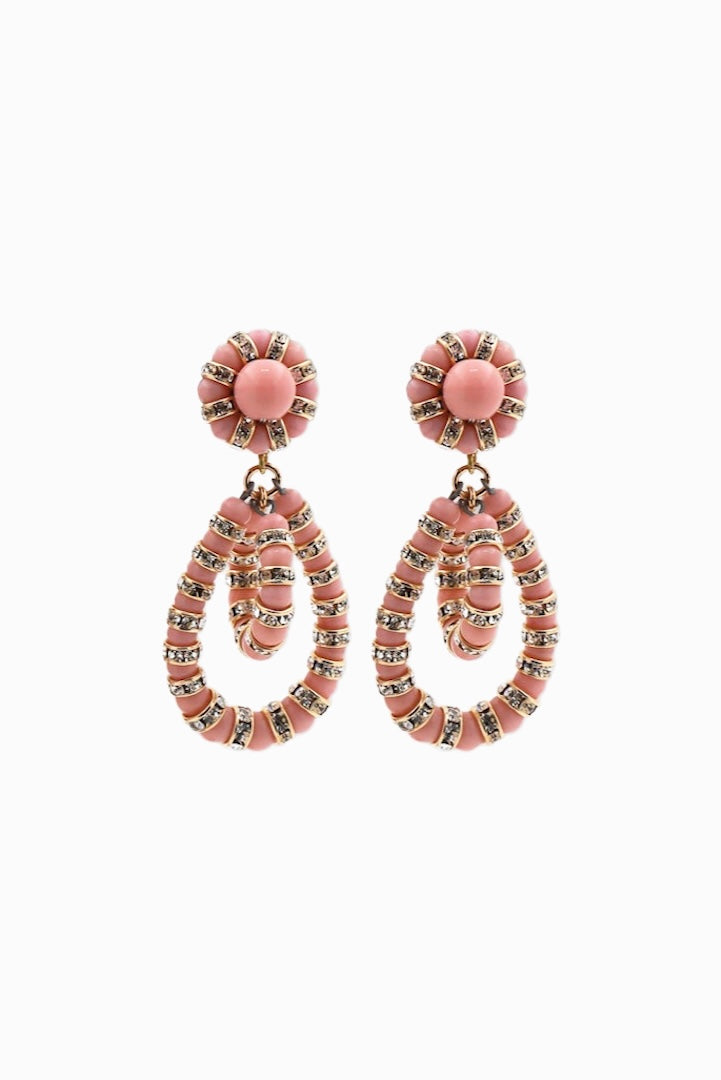 Boucles d'oreilles fantaisie perles baby pink et rondelle de strass doré détail doré fermoir clip
