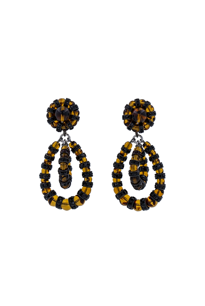 Boucles d'Oreilles pendantes clip Lolita small en perles noisette transparente et strass noir colorado