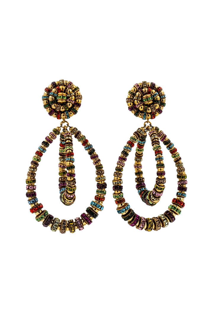 Boucles d'oreilles XL pendantes en perles dorée et en rondelle de strass multicolore faites à la main en France