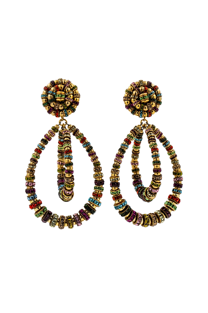 Boucles d'oreilles XL pendantes en perles dorée et en rondelle de strass multicolore faites à la main en France
