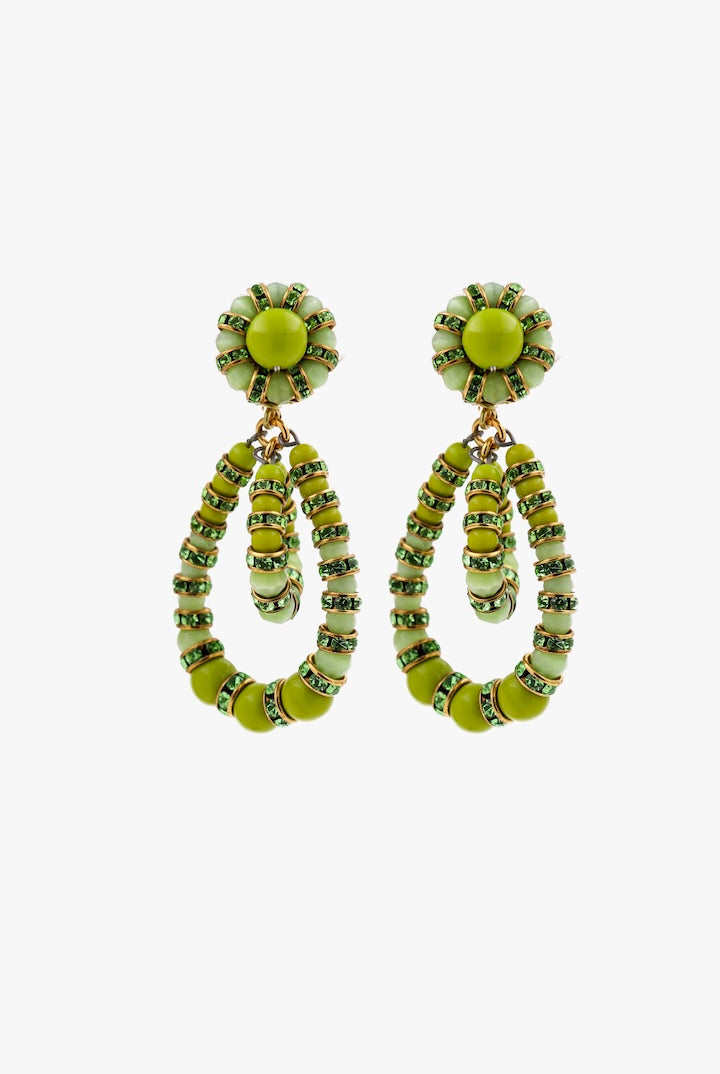 Paire de boucles d'oreilles vert anis en perles verte et strass vert émeraude détail doré