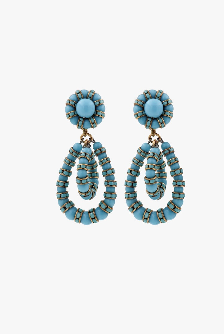 Petites Boucles d'oreilles en perles bleu pendantes fermoir clip - fait main - Françoise Montague