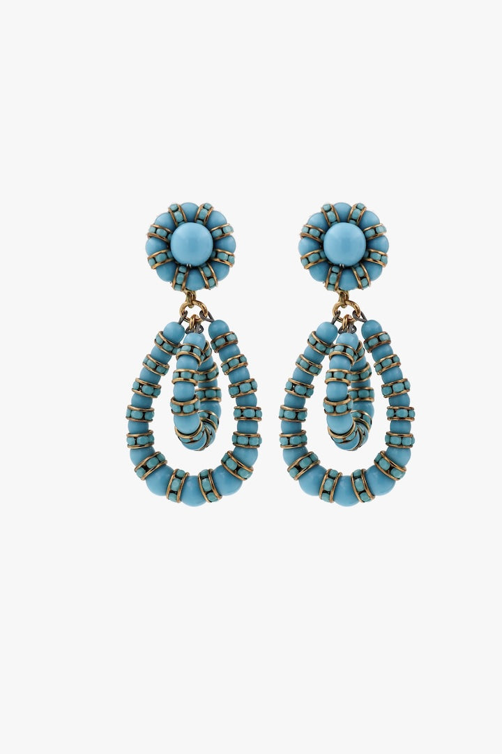 Petites Boucles d'oreilles en perles bleu pendantes fermoir clip - fait main - Françoise Montague