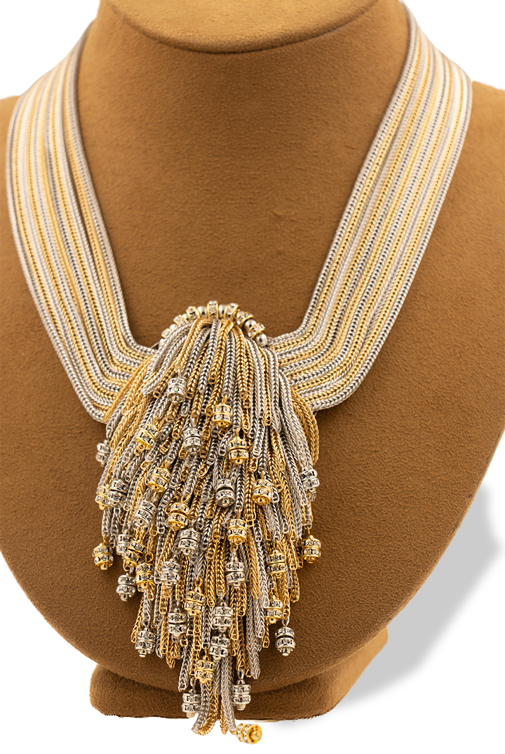 Collier couture fait à la main en France en chaine multiple bicolore dorée et argentée et rondelle de strass - bijou de luxe