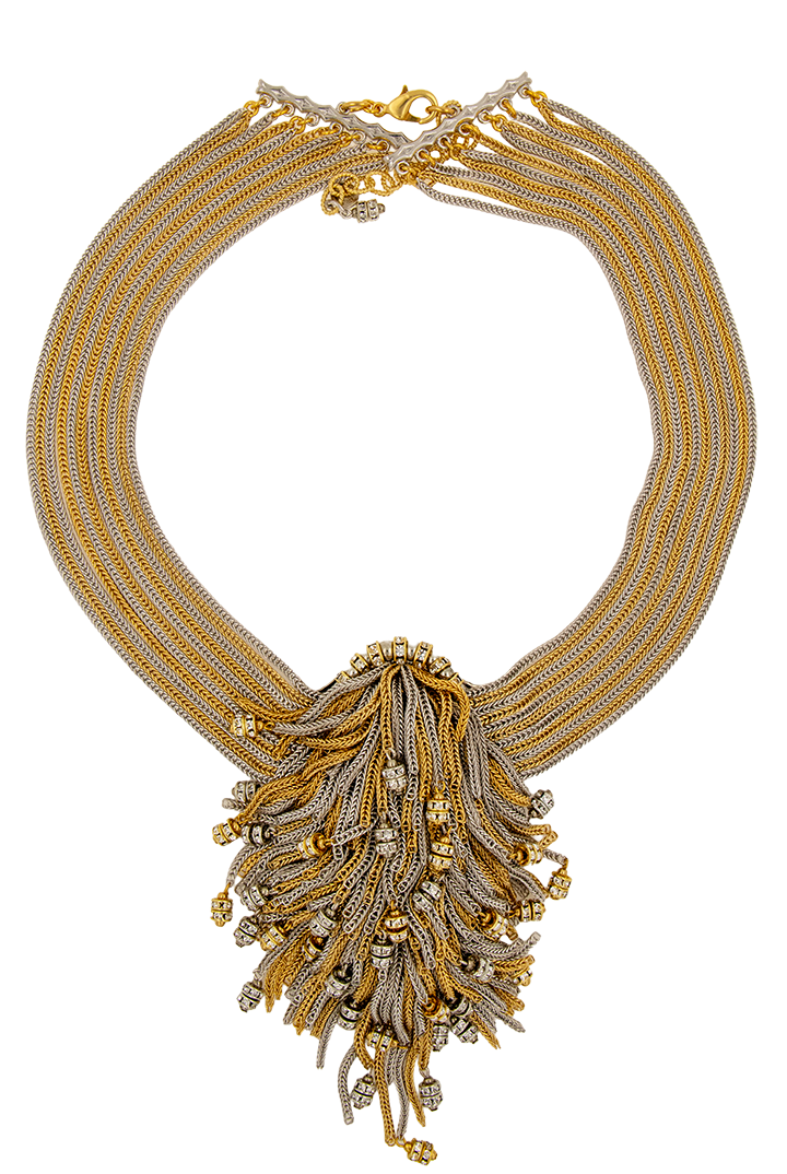 Collier couture fait à la main en france en chaîne dorée te argentée et rondelles de strass cristal