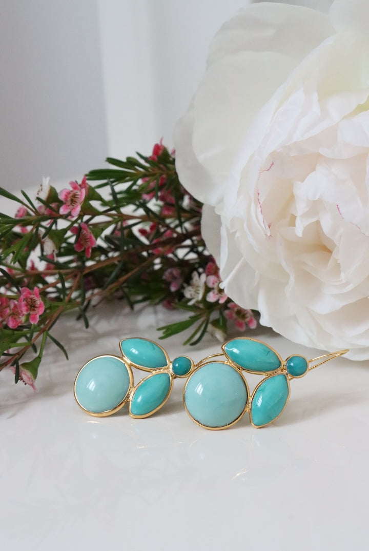 Boucles d'oreilles bleu turquoise détail doré pendantes abeille bijou fantaisie