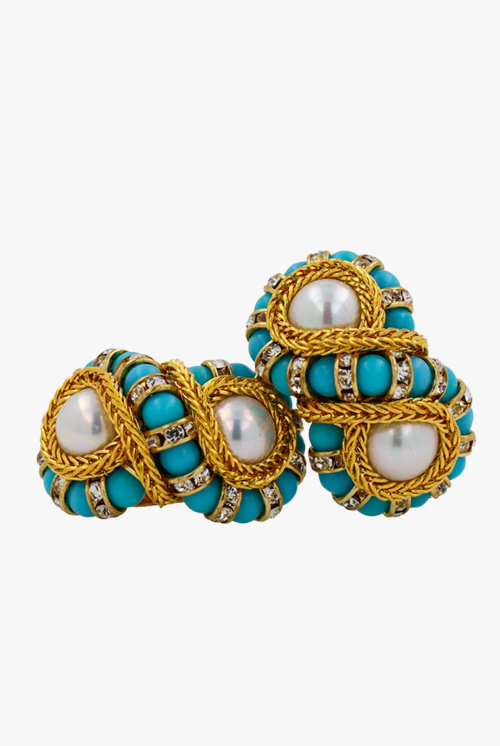 Boucles d'oreilles fermoir clip en forme de HUIT en perles et strass turquoise et doré