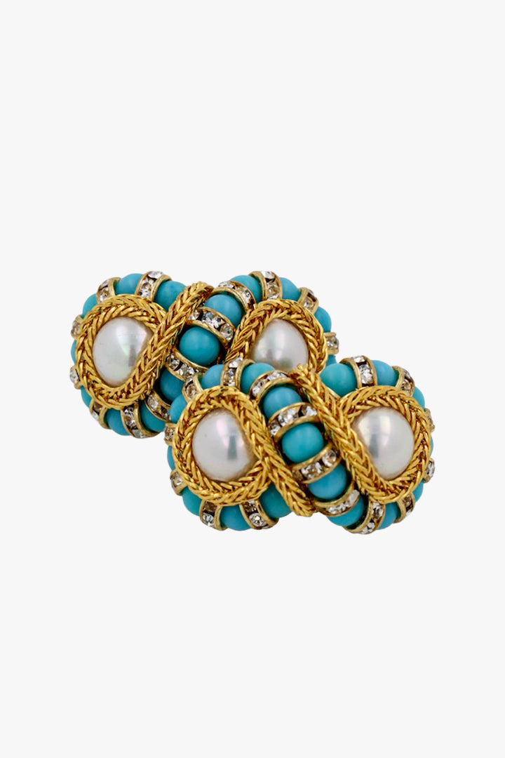Boucles d'oreilles en forme de HUIT en perles et strass doré et turquoise