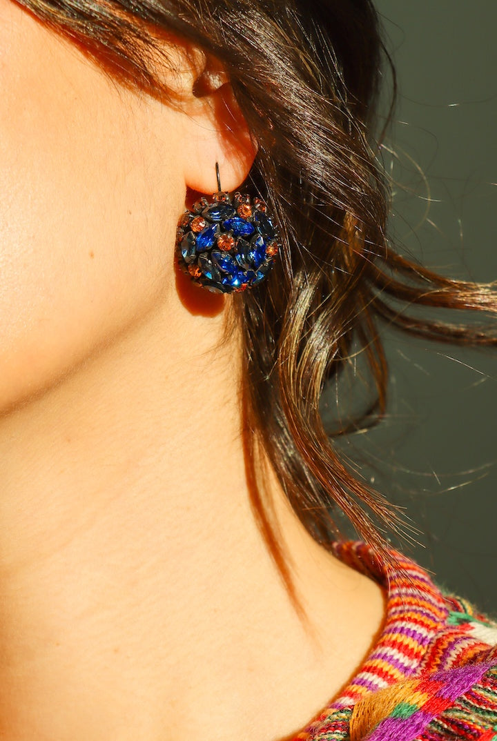 Boucles d'oreilles fantaisie strass bleu orange et noir