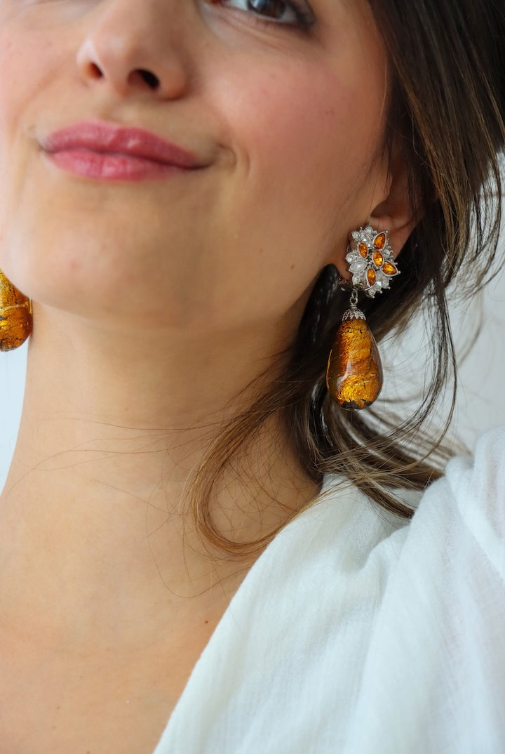 Boucles d'oreilles Pendantes fermoir clip argentée et perles Topaze