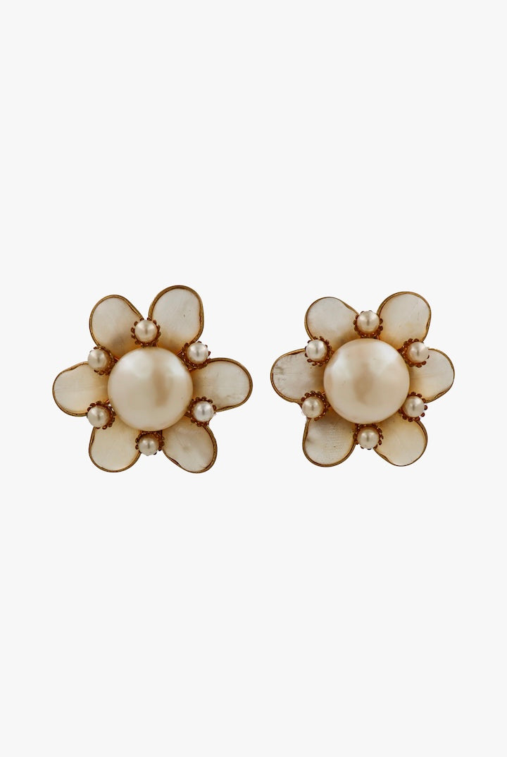 Grandes Boucles d'oreilles En Forme de Fleur Vintage  et perles blanches nacrées - Fermoir clip - Vintae - Pièce unique