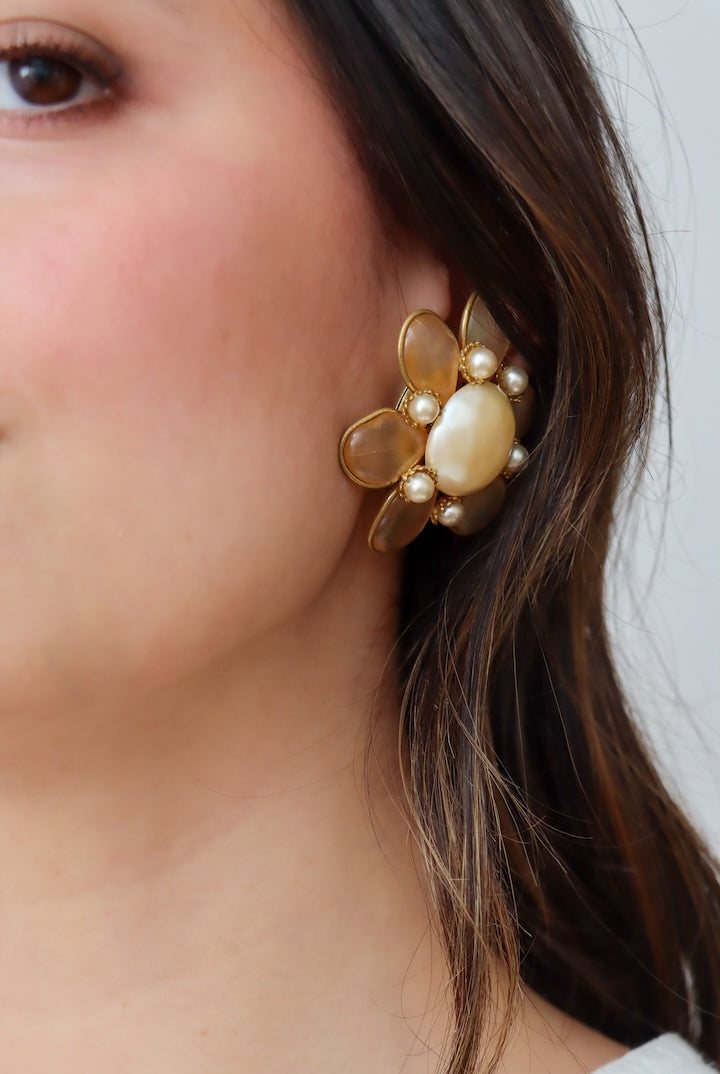 Boucles d'oreilles En Forme de Fleur Vintage avec perles nacrées - Fermoir clip