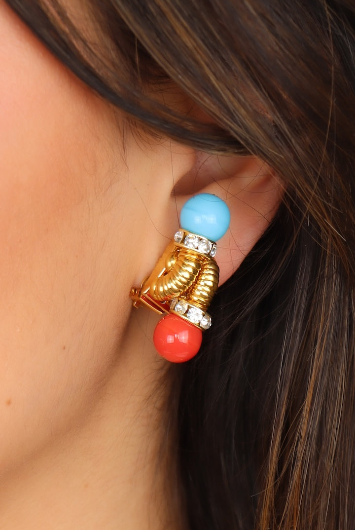 Boucles d'oreilles dorées perles bleu turquoise et rouge corail bijou fait main et rondelle de strass Swarovski