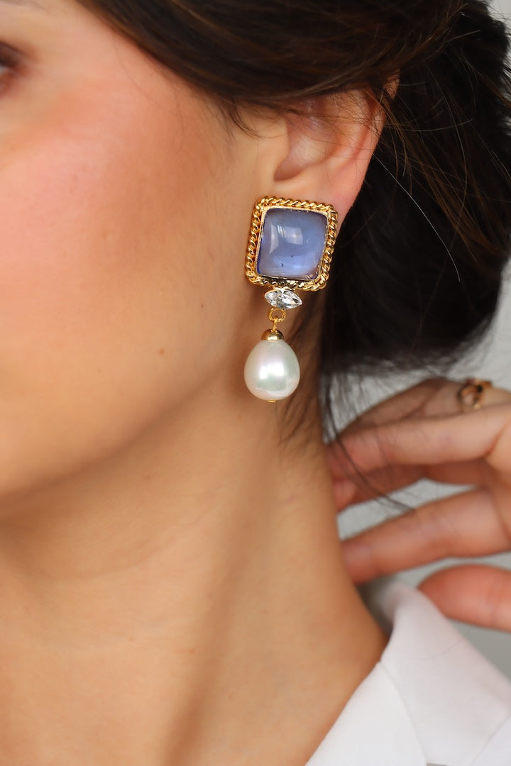 Boucles d'Oreilles Bleu Saphir pendantes en pâte de verre fantaisie et perles