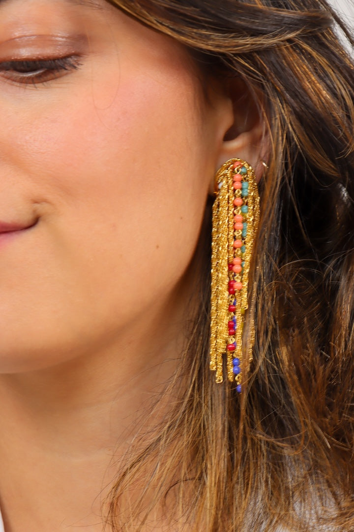 boucles d'oreilles dorées Gonzague perle multi couleur longues bijou fait main