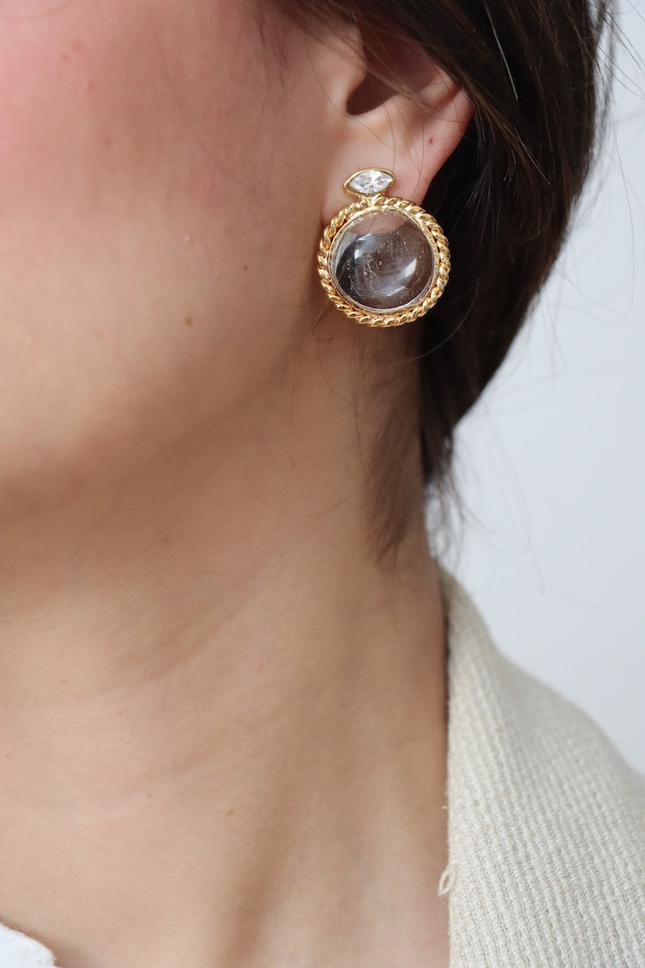 Boucles d'oreilles cabochon dorées et en pâte de verre couleur cristal transparent