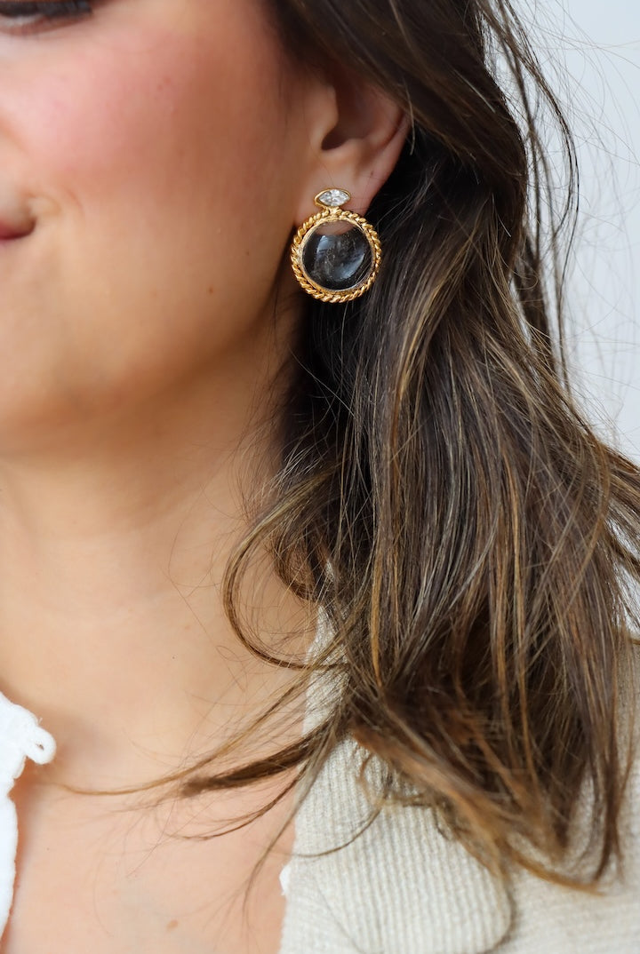 Paire de Boucles d'oreilles cabochon en pâte de verre couleur cristal transparent - fermoir clip