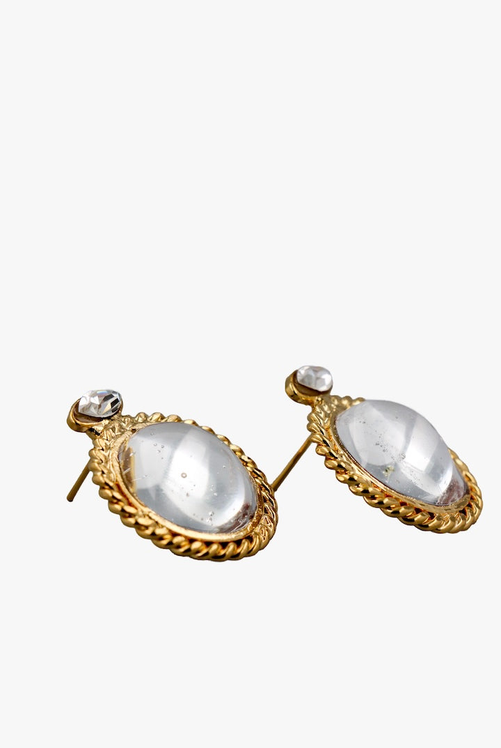 Boucles d'oreilles fermoir clip - dorée et en pâte de verre cristal transparent