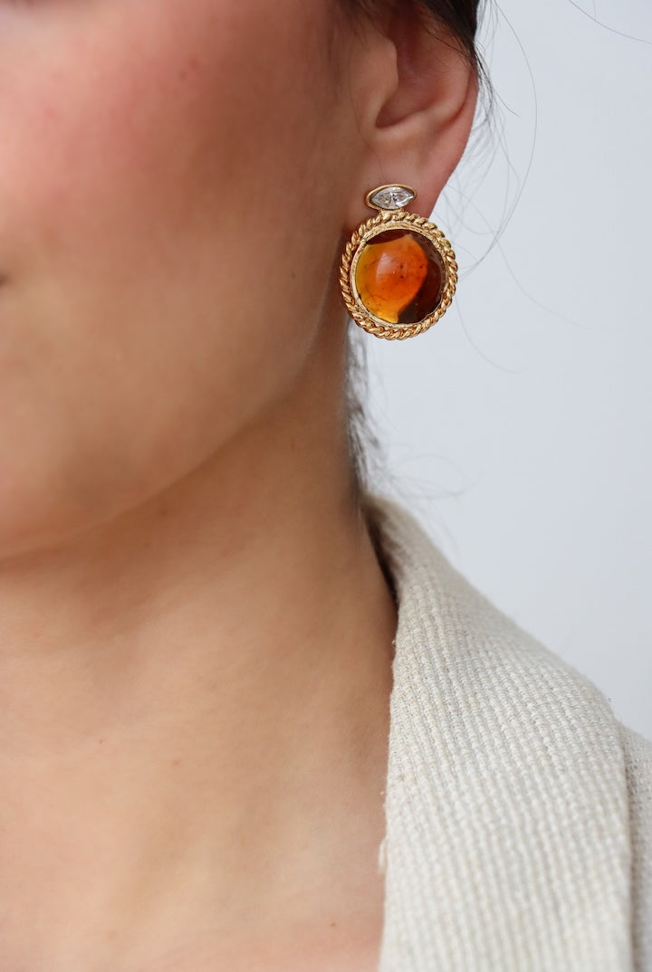 Boucles d'oreilles cabochon en pâte de verre couleur miel topaze