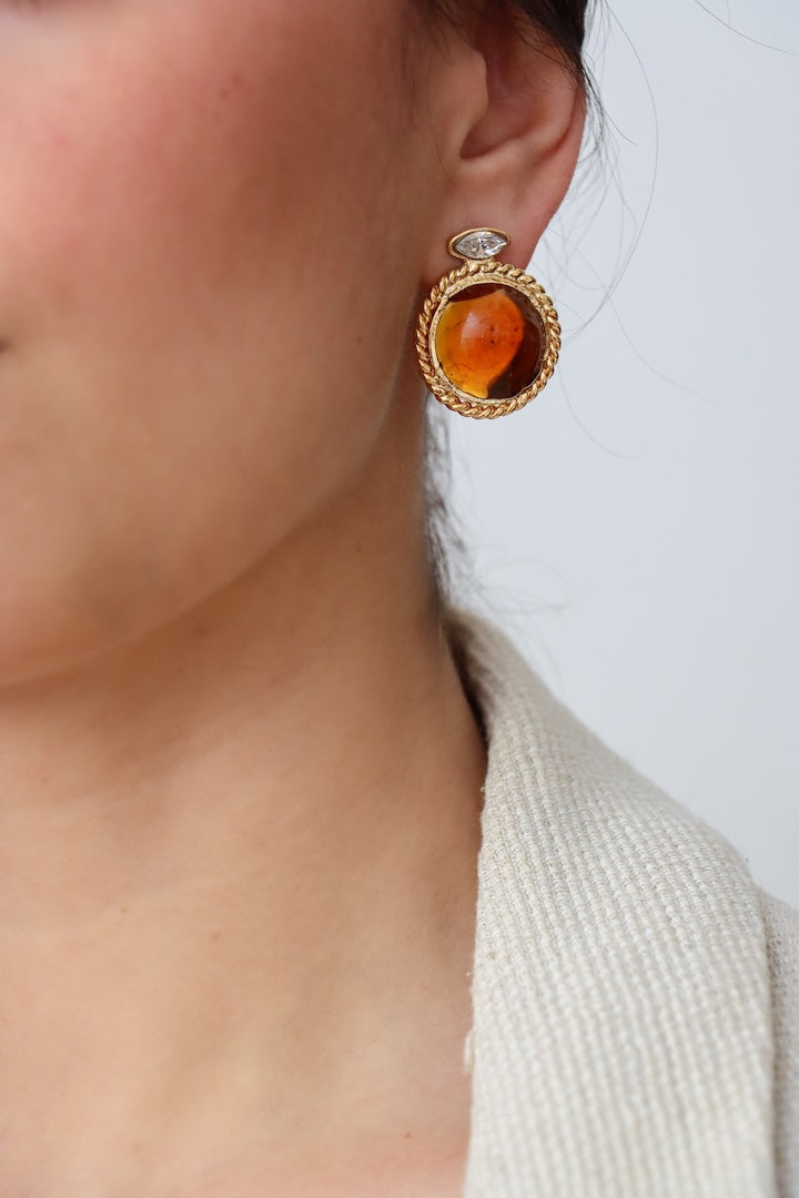 Boucles d'oreilles cabochon en pâte de verre couleur miel topaze