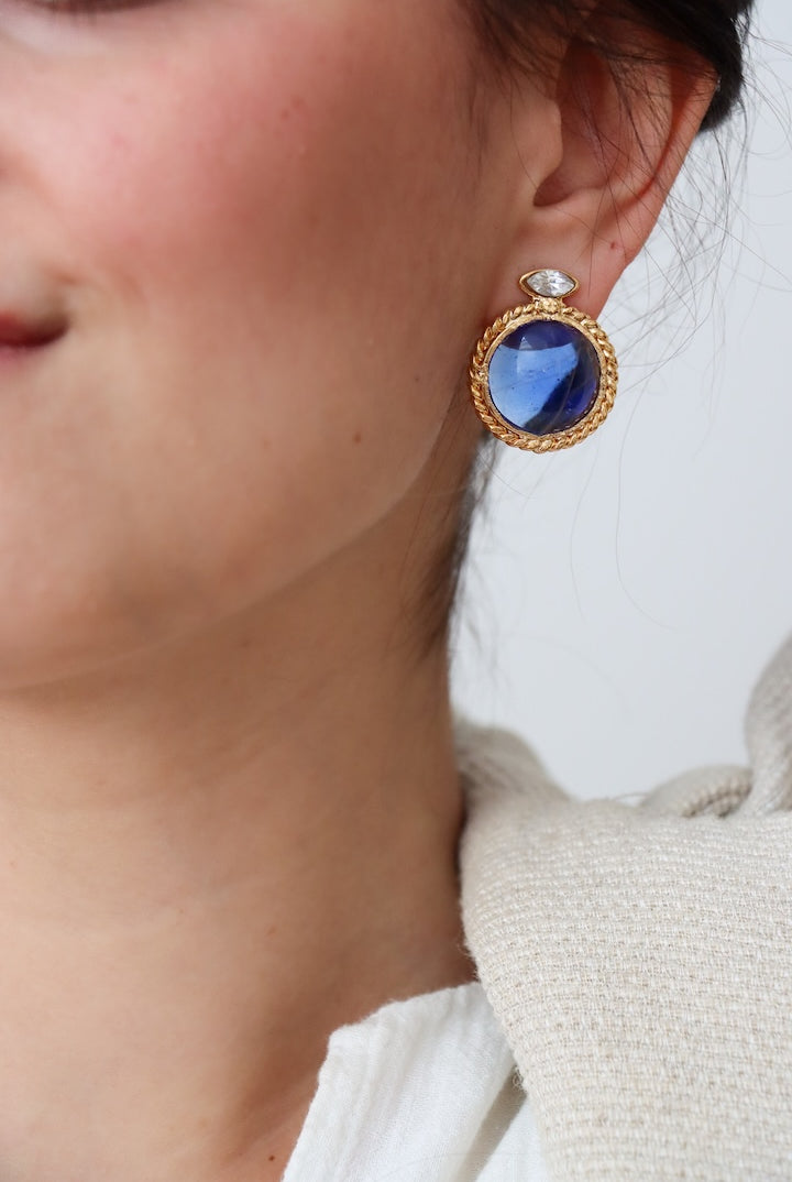 Boucles d'oreilles cabochon en pâte de verre couleur bleu pour oreilles percées