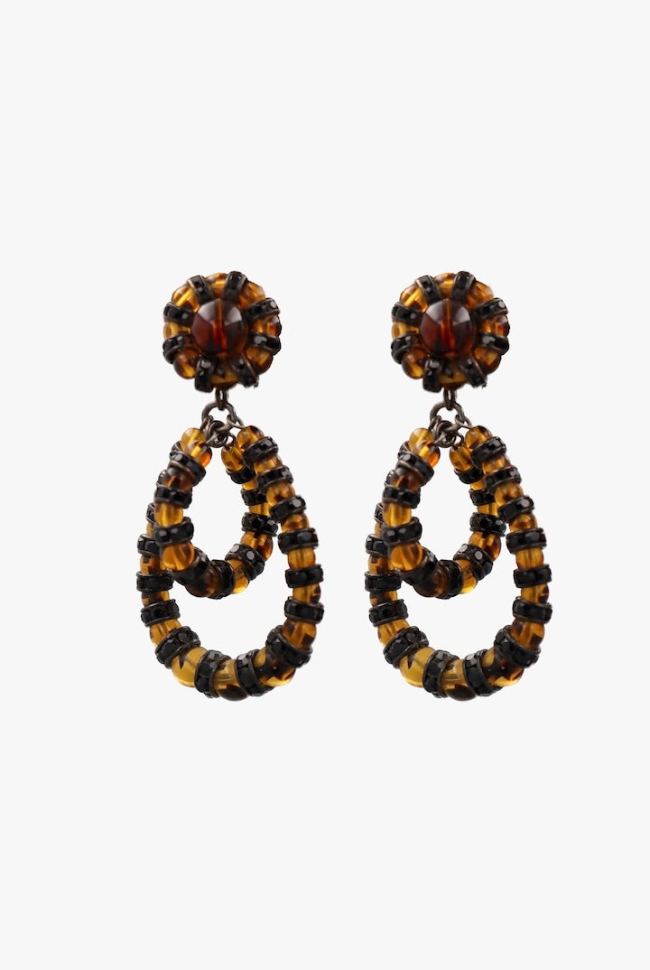 Petites paire de Boucles d'oreilles perles marron transparent et rondelles de strass couleur noir avec fermoir clip - bijou fait main