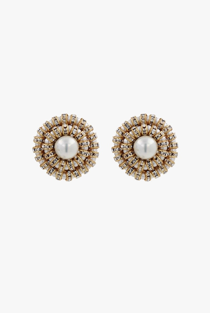 Boucles d'oreilles ronde en perles et en strass doré et argenté fermoir clip blanc et doré