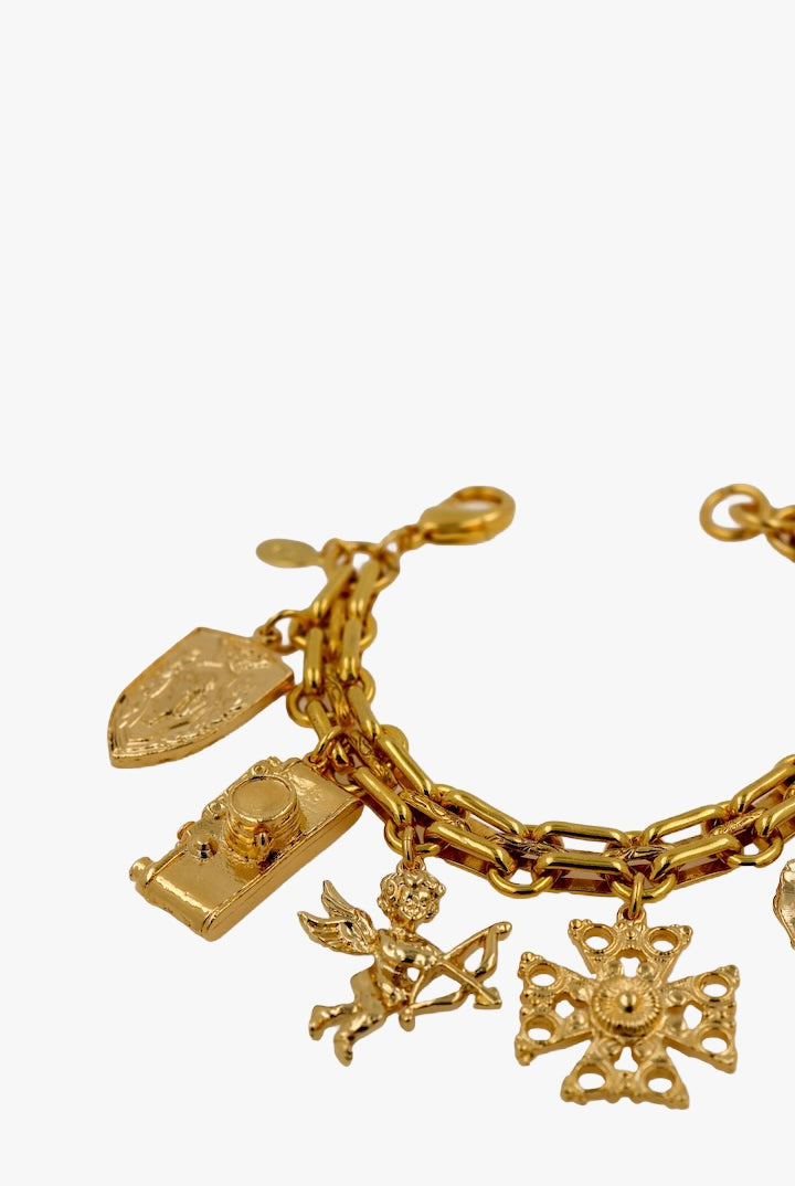 Bracelet à breloques fait main en plaqué or 24 carats, avec des symboles vintage uniques, élégant et intemporel, édition limitée.