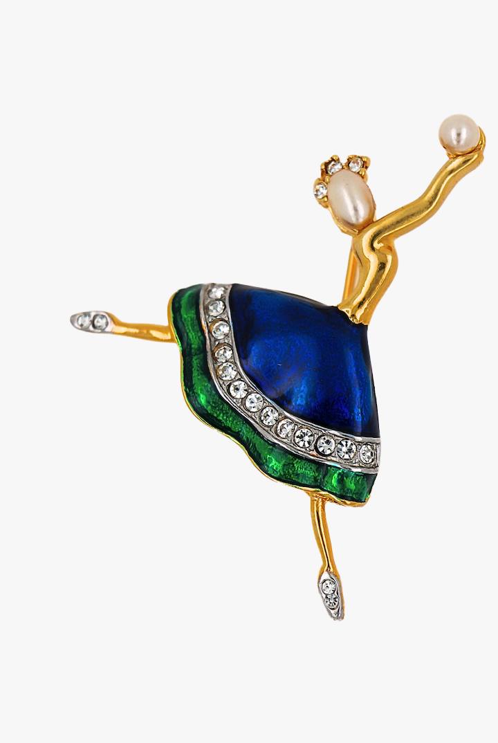 Broche vue de face en forme de danseuse dorée avec des détail bleu, vert, et perles